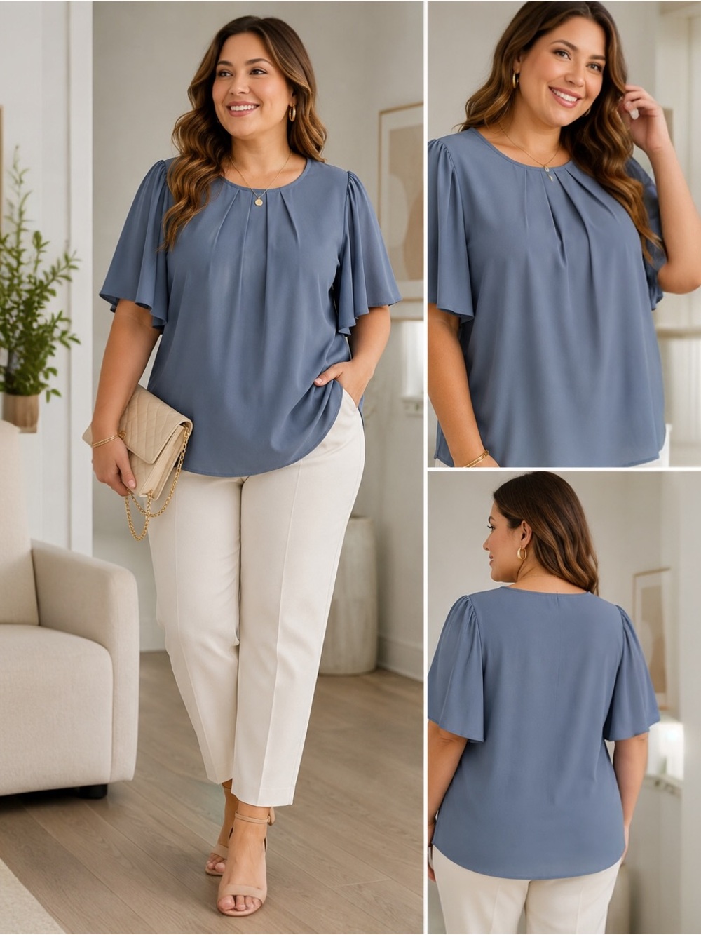 NWT BloomChic Dusty Blue Pleated Flutter Sleeve Blouse Plus Size 18/20